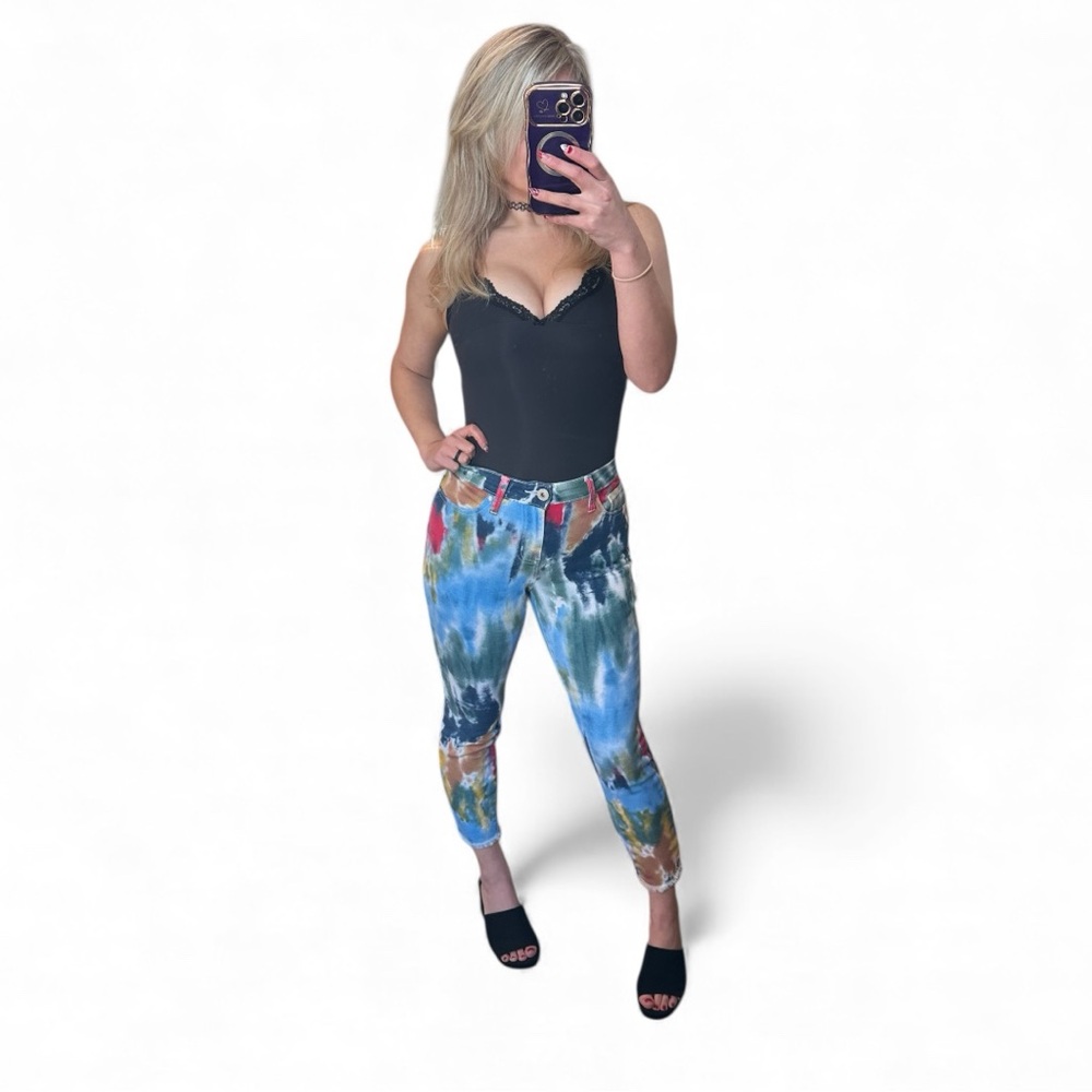 Y2K Revival Hydraulic Colorful Tie-Dye Cropped High Rise Jeans Size 4